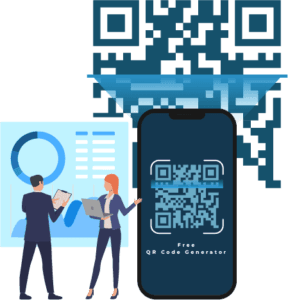 Business professionals analyzing data beside a large smartphone displaying a QR code with a free QR code generator interface.