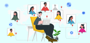 Person working remotely on a laptop while virtually connecting with a global team, shown through profile icons and location markers.