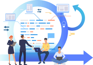 Illustration of Scrum methodology with team collaboration, sprint planning, and iterative development represented in a circular workflow.