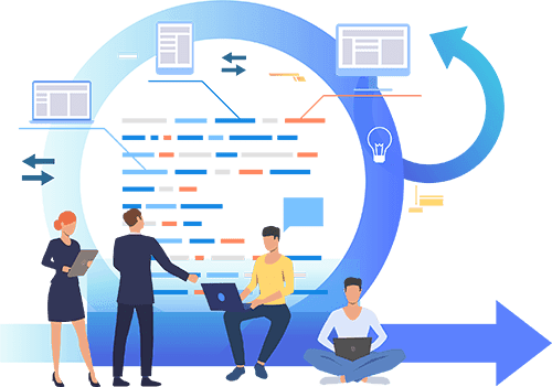 Illustration of Scrum methodology with team collaboration, sprint planning, and iterative development represented in a circular workflow.