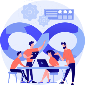 Team collaborating on DevOps processes in front of an infinity loop, symbolizing continuous integration and delivery workflow