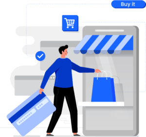 Illustration of a person making an online purchase with a credit card through a mobile shopping app featuring a storefront display.