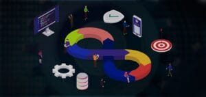 People interacting with DevOps infinity loop, software tools, and data icons representing continuous development and deployment cycle