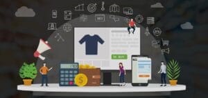 Illustration of e-commerce ecosystem showing online shopping, payment processing, SEO, marketing, and digital transaction icons.