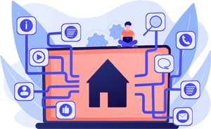 Digital home interface concept showing a laptop with smart icons connected, representing home automation and smart connectivity options.