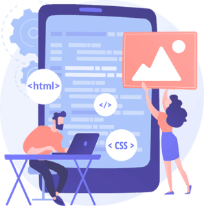Illustration of a developer coding HTML and CSS on a laptop while a designer adds an image to a large screen with code in the background