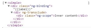AngularJS Component with Data Binding and Transclusion AngularJS component with ng-binding, displaying {{label}}, and nested ng-transclude with inner content in ng-scope div.