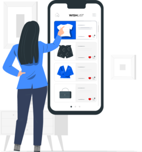 Woman browsing clothing wishlist on a large mobile screen, selecting fashion items in a digital shopping app interface.
